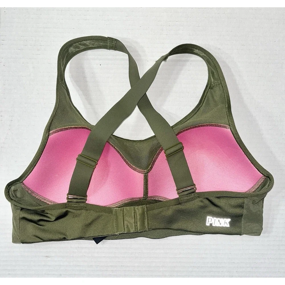 Victoria's Secret PINK Sports Bra Size Medium Olive‎ Green Cross Back Adjustable